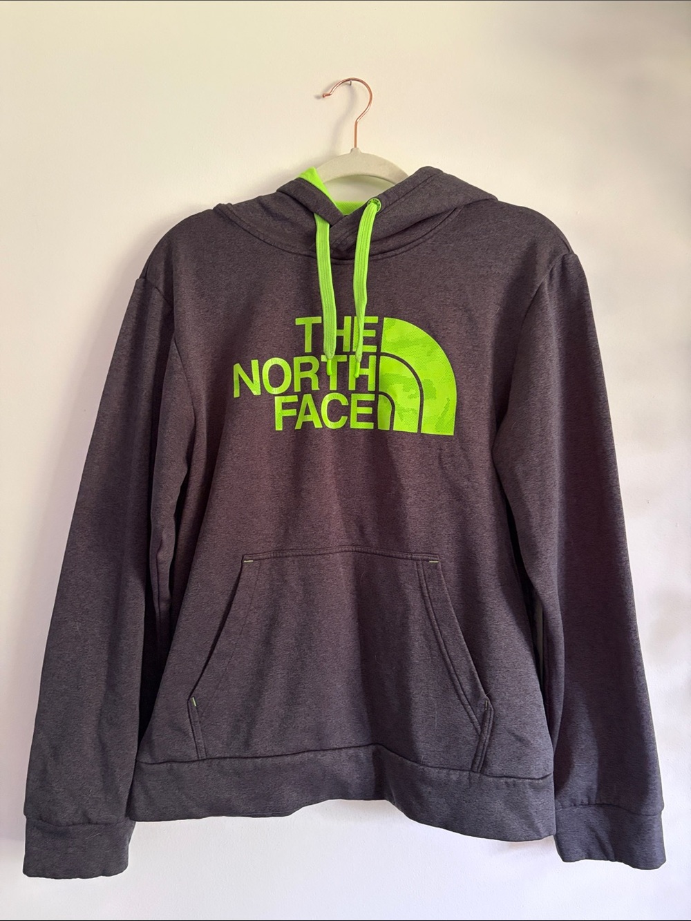 The North Face Charcoal Hoodie with Neon Green Logo